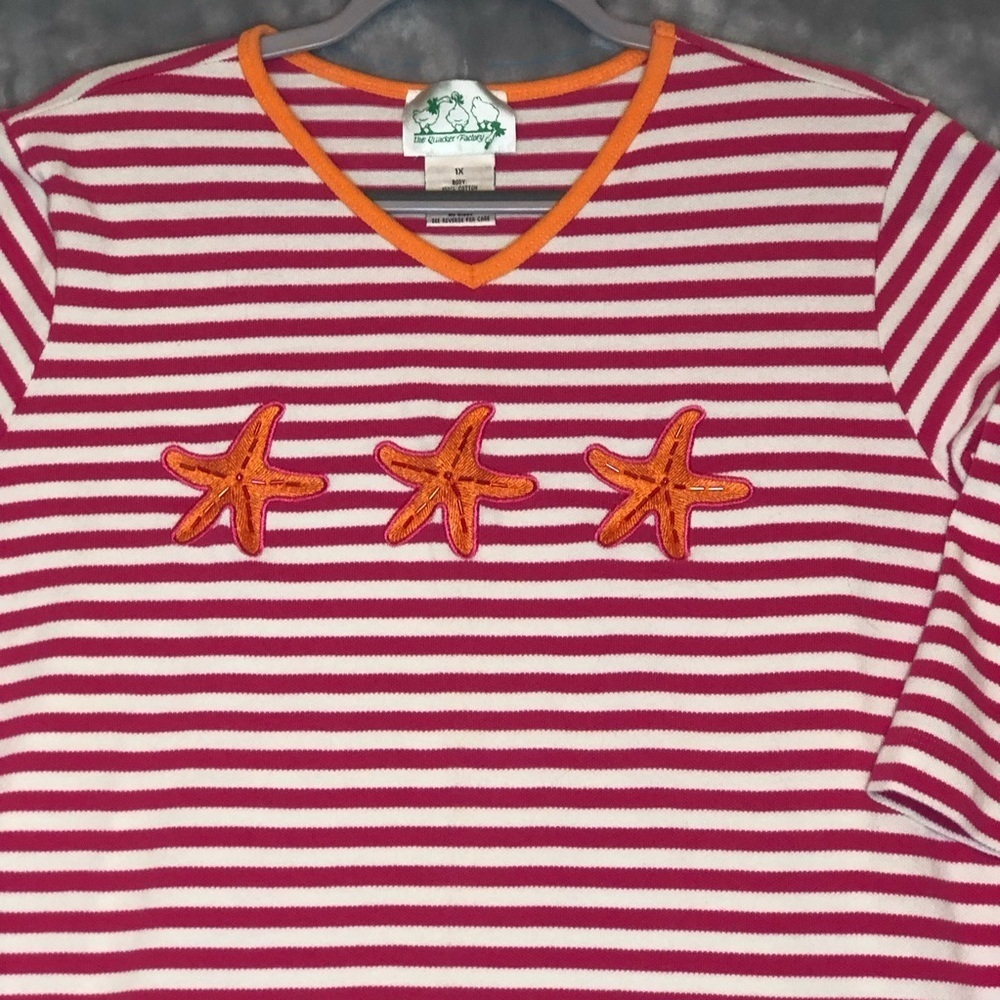 The Quacker Factor Women's 3/4 Sleeve Starfish Pink/White/Orange Size 1X - Picture 2 of 10